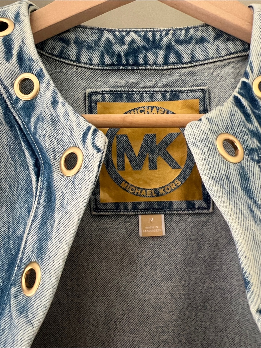 Michael Kors Faded Light Blue Denim Jacket with Gold Grommets - Picture 2 of 4